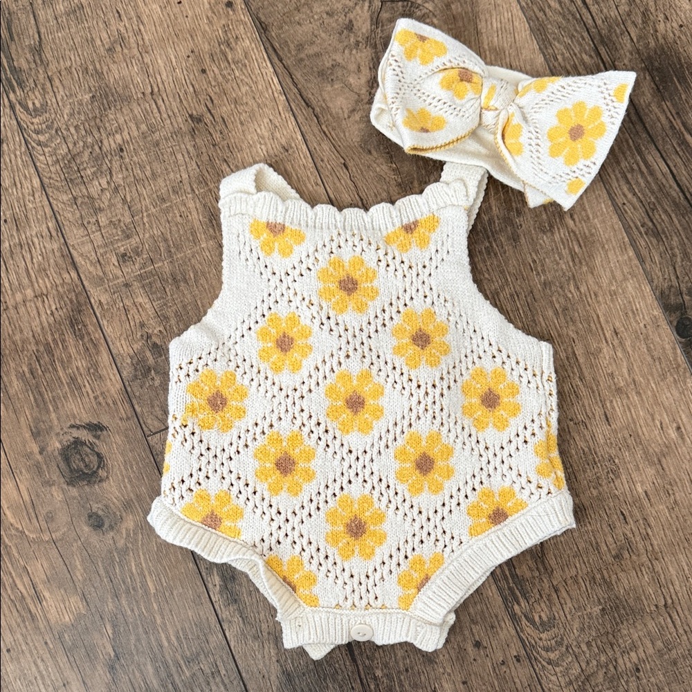 Floral Knit Baby Romper with Bow